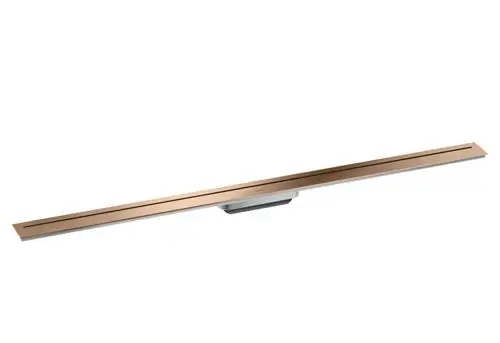 Duschrinne in gerader Form mit einer glatten Oberfläche in poliertem Rotgold, hergestellt von AXOR. Sie verfügt über zwei lange Rillen für den Wasserablauf.